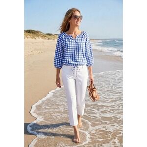 Talbots Womens Blue White Geometric Tile Print 100% Linen Blouse Top Size M